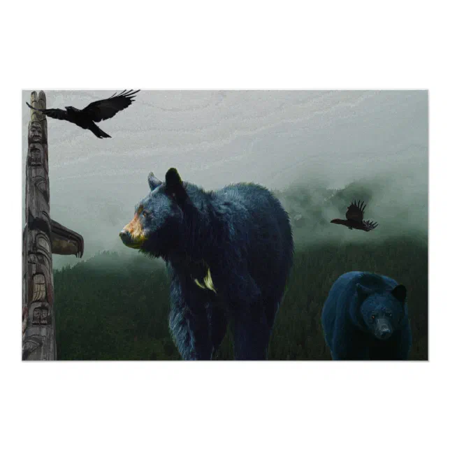 Black Bears, Ravens and Totems Wildlife Art Poster | Zazzle