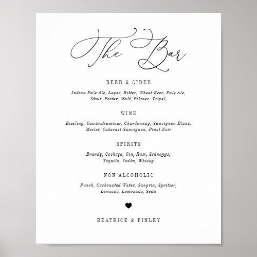 Black Beatrice Script Elegant Wedding Bar Menu Poster