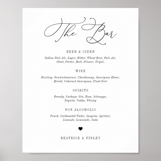 Black Beatrice Script Elegant Wedding Bar Menu Poster (Front)