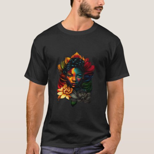 Black Beautiful African Melanin Woman Cute Lotus F T_Shirt