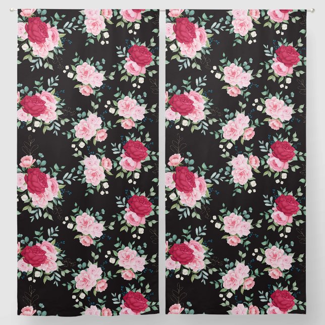 Black Beautiful Blooming Flowers Red Pink Foliage Blackout Curtains (Pair)