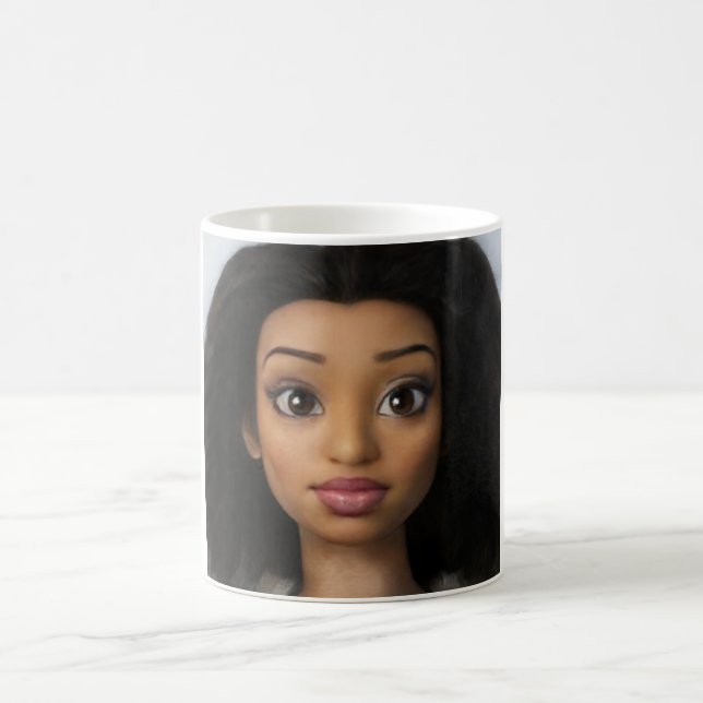 Black Beautiful Woman Doll Cartoon Picture Coffee Mug (Center)