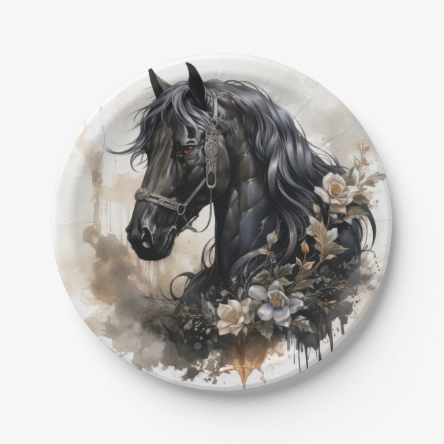 Black beauty horse portrait paper plates (Front)