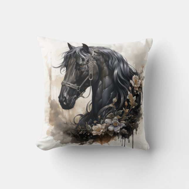 Black beauty horse portrait throw pillow (Front)