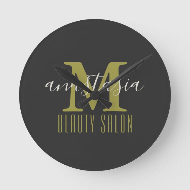 Black Beauty Salon by Anastasia Monogram Round Clock (Front)