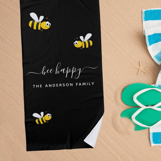 Black bee happy bumble bees summer fun family name beach towel (Creator Uploaded)