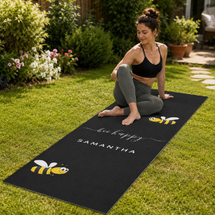 Black bee happy bumble bees summer fun humor name yoga mat