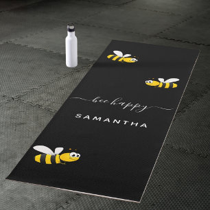 Black bee happy bumble bees summer fun humor name yoga mat