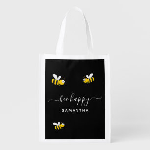 Black bee happy bumble bees summer yellow name grocery bag