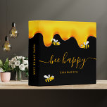 Black bee happy bumble bees sweet honey monogram 3 ring binder<br><div class="desc">A chic black background decorated with golden dripping honey. The text: Bee Happy with a golden hand lettered style script with swashes.  Personalize and add your name. 
The spine: add your own text.</div>