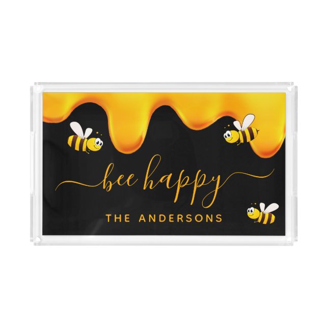 Black bee happy bumble bees sweet honey monogram acrylic tray (Front)