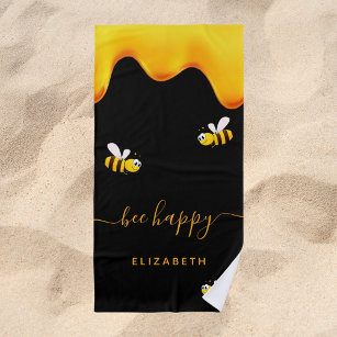 Black bee happy bumble bees sweet honey monogram beach towel