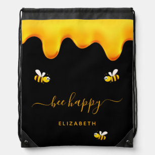 Black bee happy bumble bees sweet honey monogram drawstring bag
