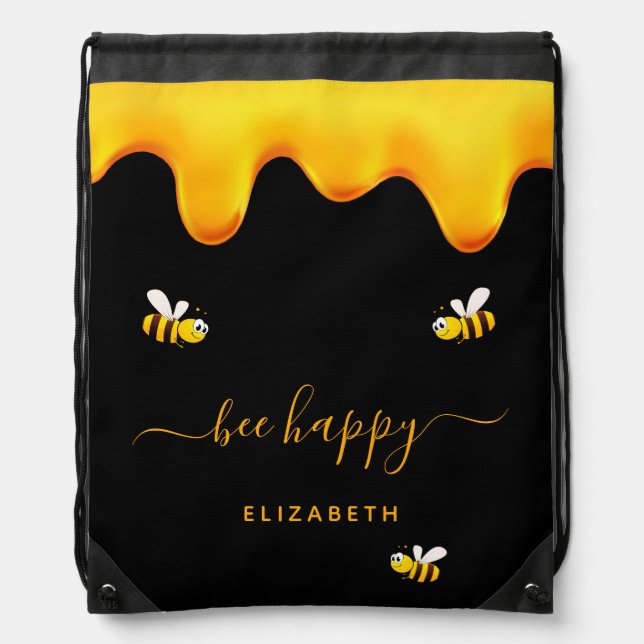 Black bee happy bumble bees sweet honey monogram drawstring bag (Front)