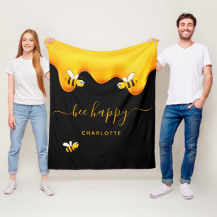 Black bee happy bumble bees sweet honey monogram fleece blanket