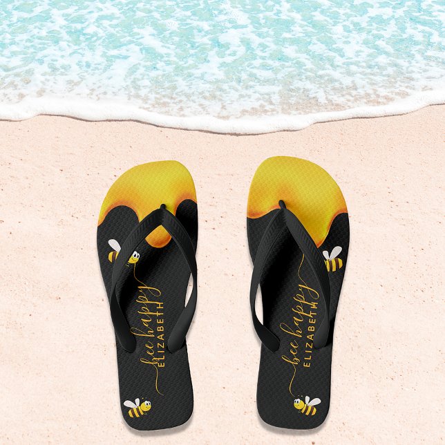 Black bee happy bumble bees sweet honey monogram flip flops (Creator Uploaded)
