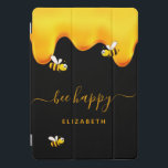 Black bee happy bumble bees sweet honey monogram iPad pro cover<br><div class="desc">A chic black background decorated with golden dripping honey. The text: Bee Happy with a golden hand lettered style script with swashes.  Personalize and add your name.</div>