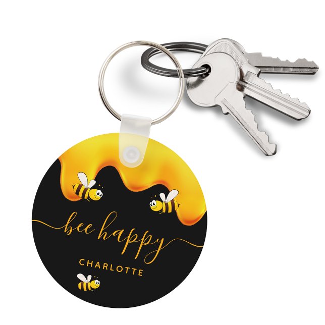 Black bee happy bumble bees sweet honey monogram keychain (Creator Uploaded)