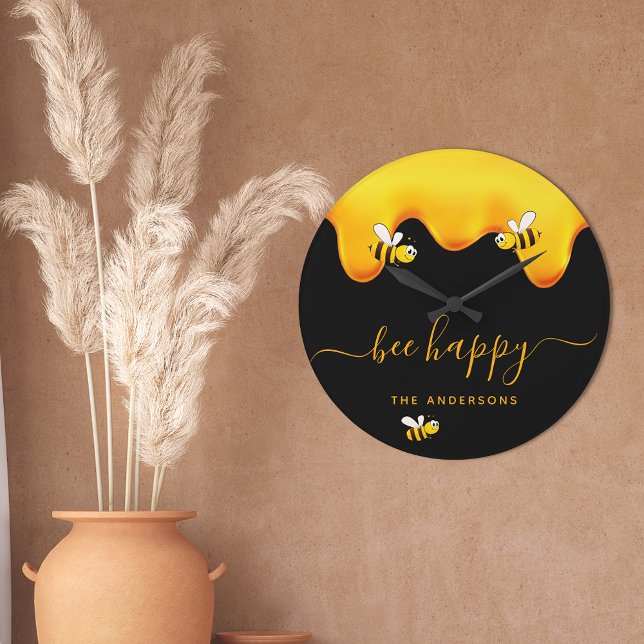 Black bee happy bumble bees sweet honey monogram large clock (Creator Uploaded)
