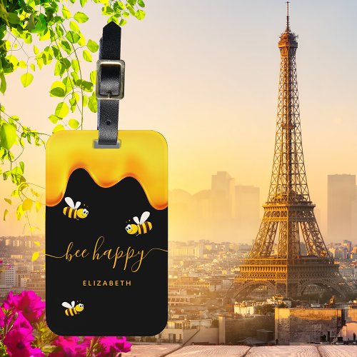 Black bee happy bumble bees sweet honey monogram luggage tag