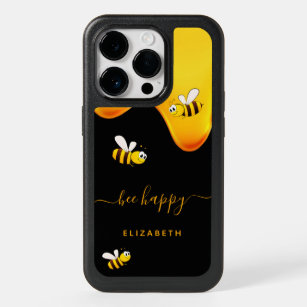 Black bee happy bumble bees sweet honey monogram OtterBox iPhone 14 pro case