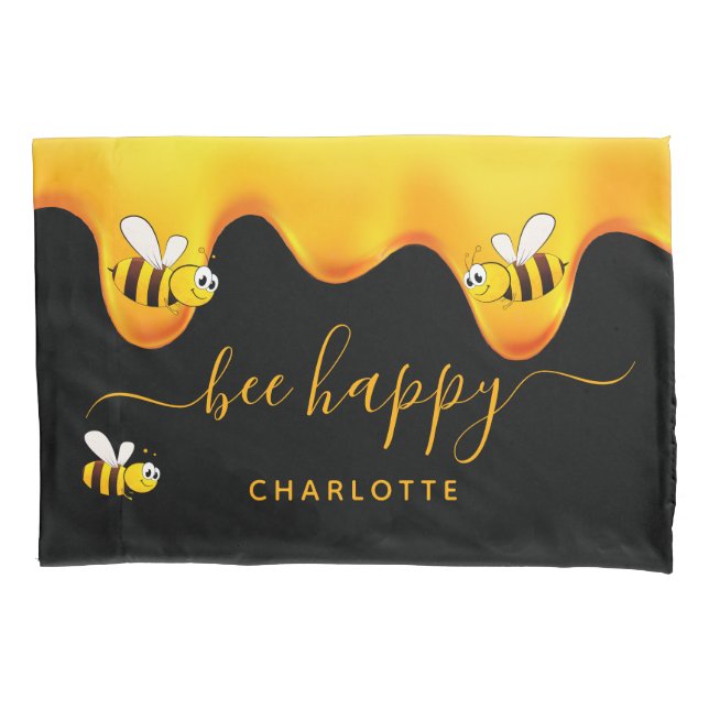 Black bee happy bumble bees sweet honey monogram pillow case (Front)