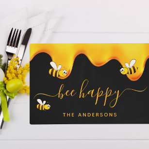 Black bee happy bumble bees sweet honey monogram placemat