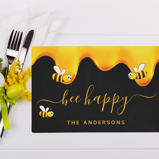 Black bee happy bumble bees sweet honey monogram placemat (Creator Uploaded)