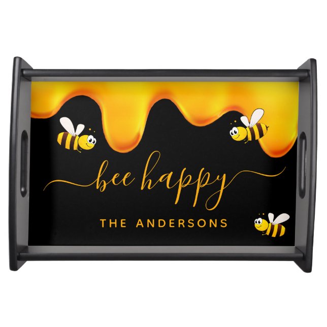 Black bee happy bumble bees sweet honey monogram serving tray (Front)