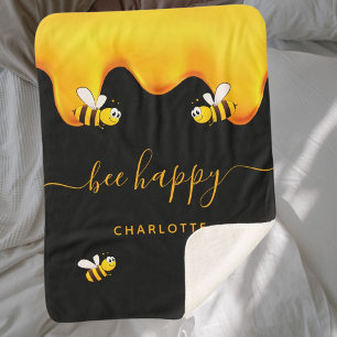 Black bee happy bumble bees sweet honey monogram sherpa blanket