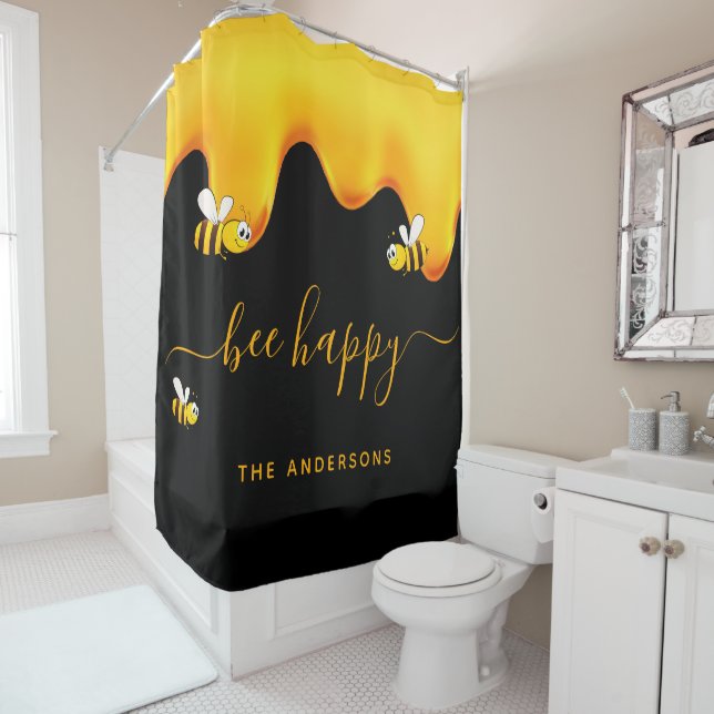 Black bee happy bumble bees sweet honey monogram shower curtain (In Situ)