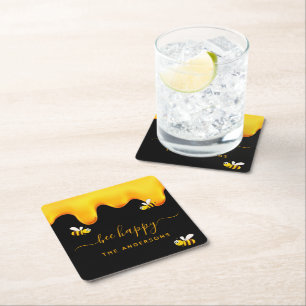 Black bee happy bumble bees sweet honey monogram square paper coaster