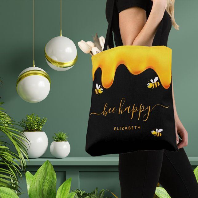 Black bee happy bumble bees sweet honey monogram tote bag (Creator Uploaded)