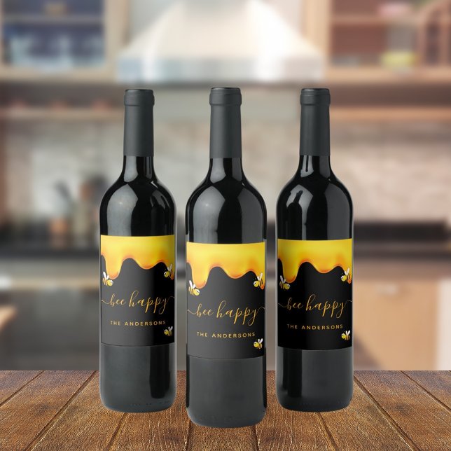 Black bee happy bumble bees sweet honey monogram wine label (Creator Uploaded)