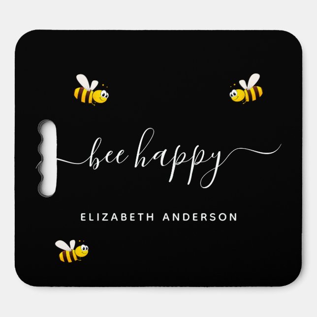 Black bee happy cute bumble bees monogram seat cushion (Front Horizontal)