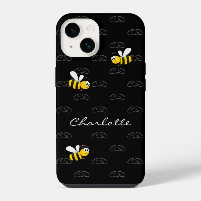 Black bees fun humor monogram pattern iphone case (Back)