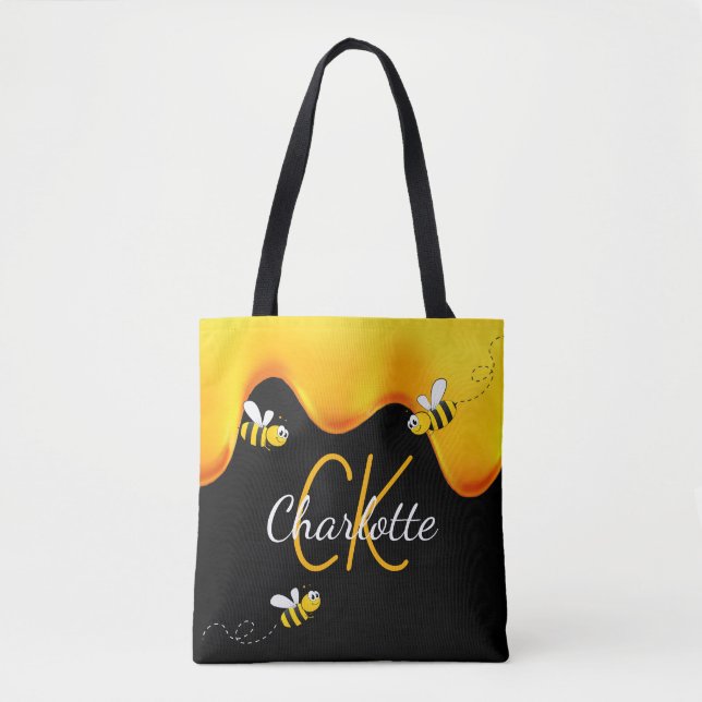 Black bees honey dripping monogram tote bag (Front)