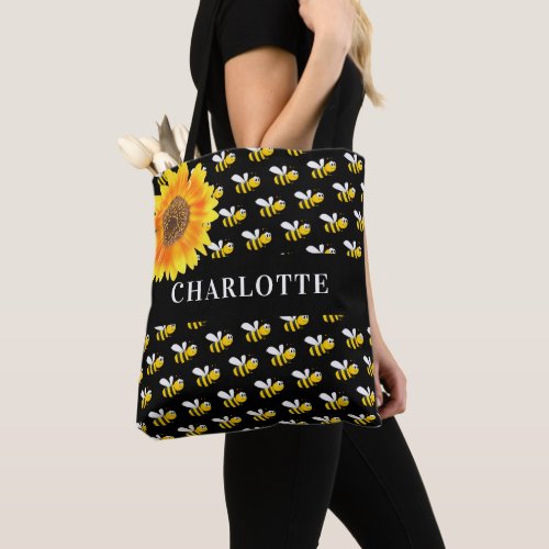 Black bees sunflower name tote bag
