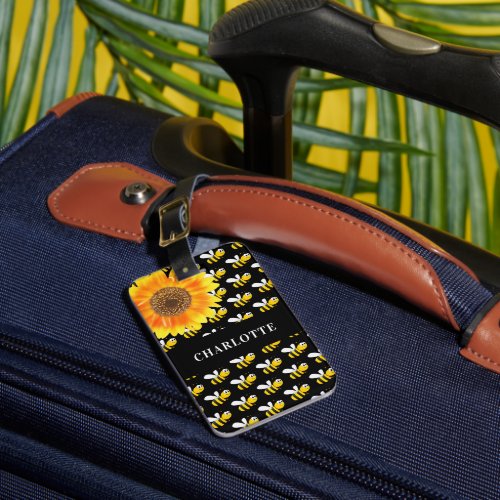 Black bees yellow sunflower name luggage tag