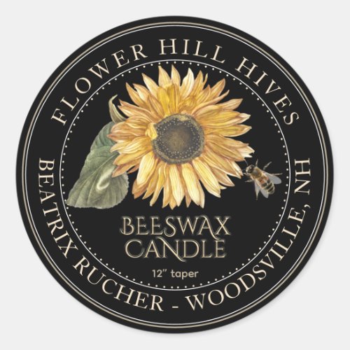 Black Beeswax Candle label Sunflower Gold Text