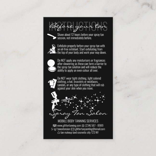 Black Before After Care Instruction Spray Tan Business Card