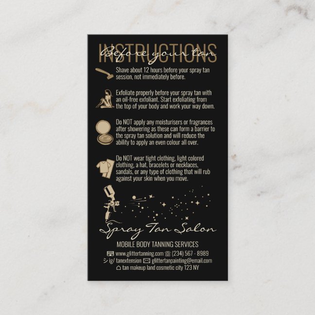 Black Before After Care Instruction Spray Tan Business Card