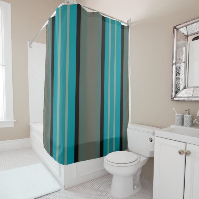 Black Beige and Teal Shower Curtain (In Situ)