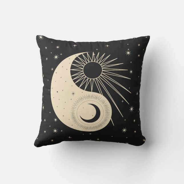 Black Beige Boho Throw Pillow (Back)