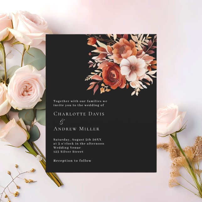 Black beige burnt orange floral wedding invitation (Creator Uploaded)