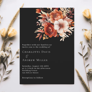 Black beige burnt orange florals luxury wedding invitation