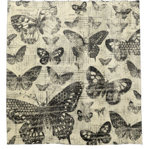 Black beige, butterflies,vintage,shabby chic,patte shower curtain