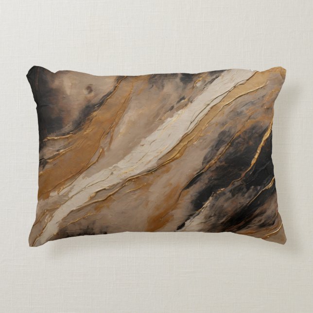 Black Beige Gold Marbled Abstract Accent Pillow (Front)