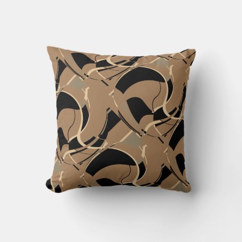 Black Beige Gray on Tan Diagonal Swirling Design Throw Pillow
