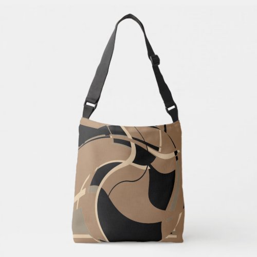 Black Beige Gray on Tan Swirling Art Design Crossbody Bag